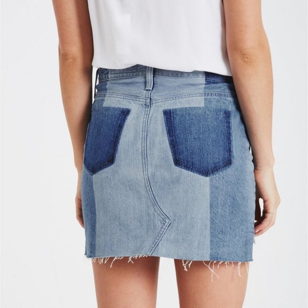 AG Adriano Goldschmied The Sandy Denim Jean Color Block Cutoff Patch Mini Skirt